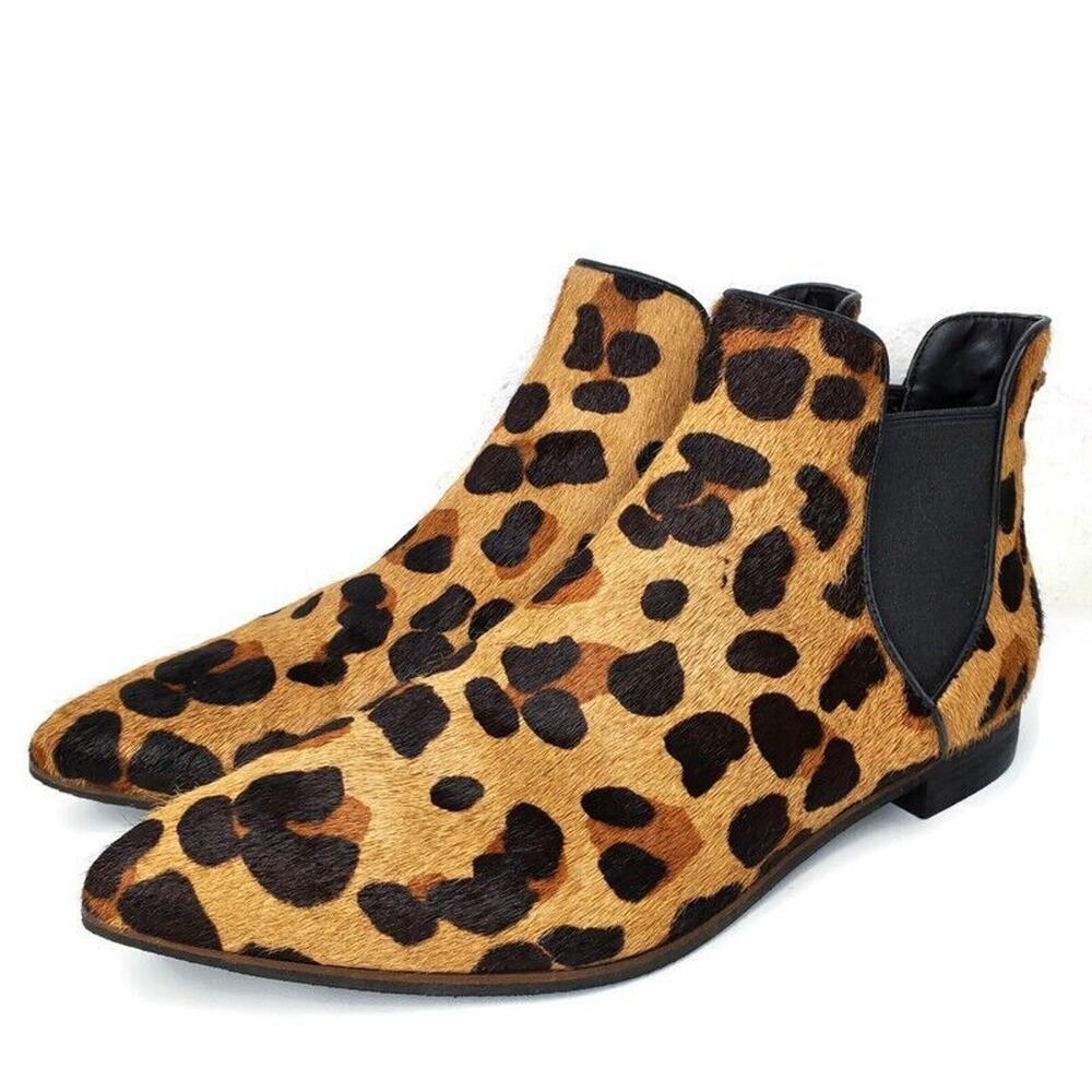 Cole Haan Hara Booties Leopard Calf Hair Pointy Slip On Ankle Chelsea Boots